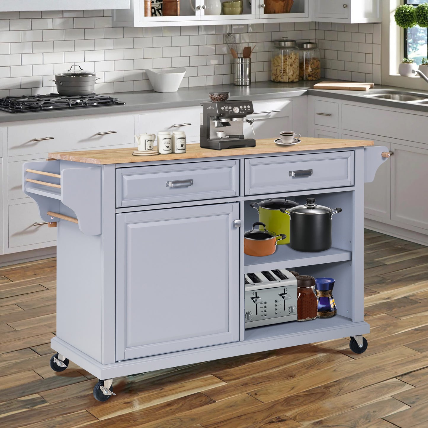 Cambridge Kitchen Island with Natural Wood Top, Storage Cabinet, and Gray + Solid Wood + MDF Design