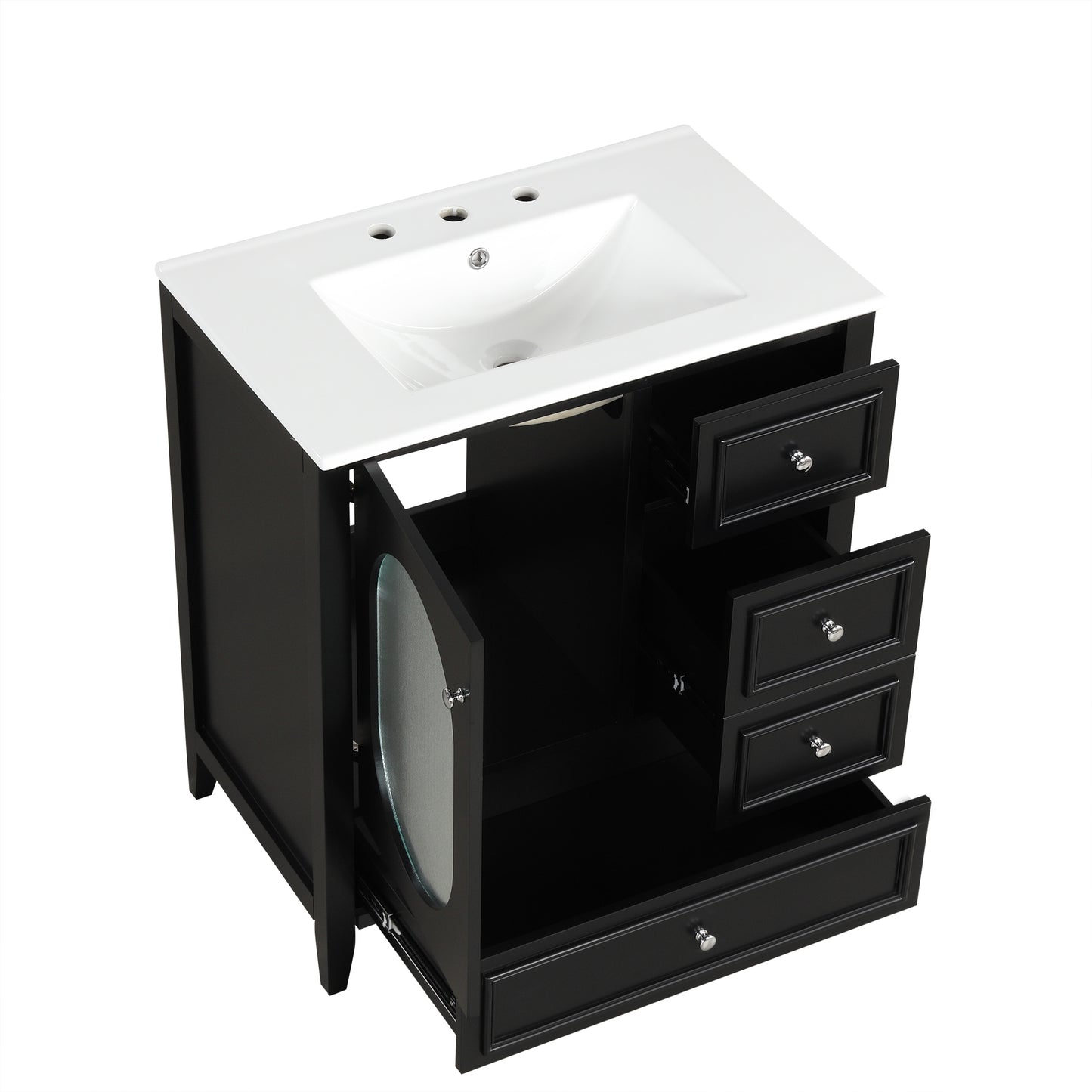 Bathroom Vanity with Sink, Bathroom Vanity Cabinet with Three Drawers and Door, Solid Wood and MDF, Black