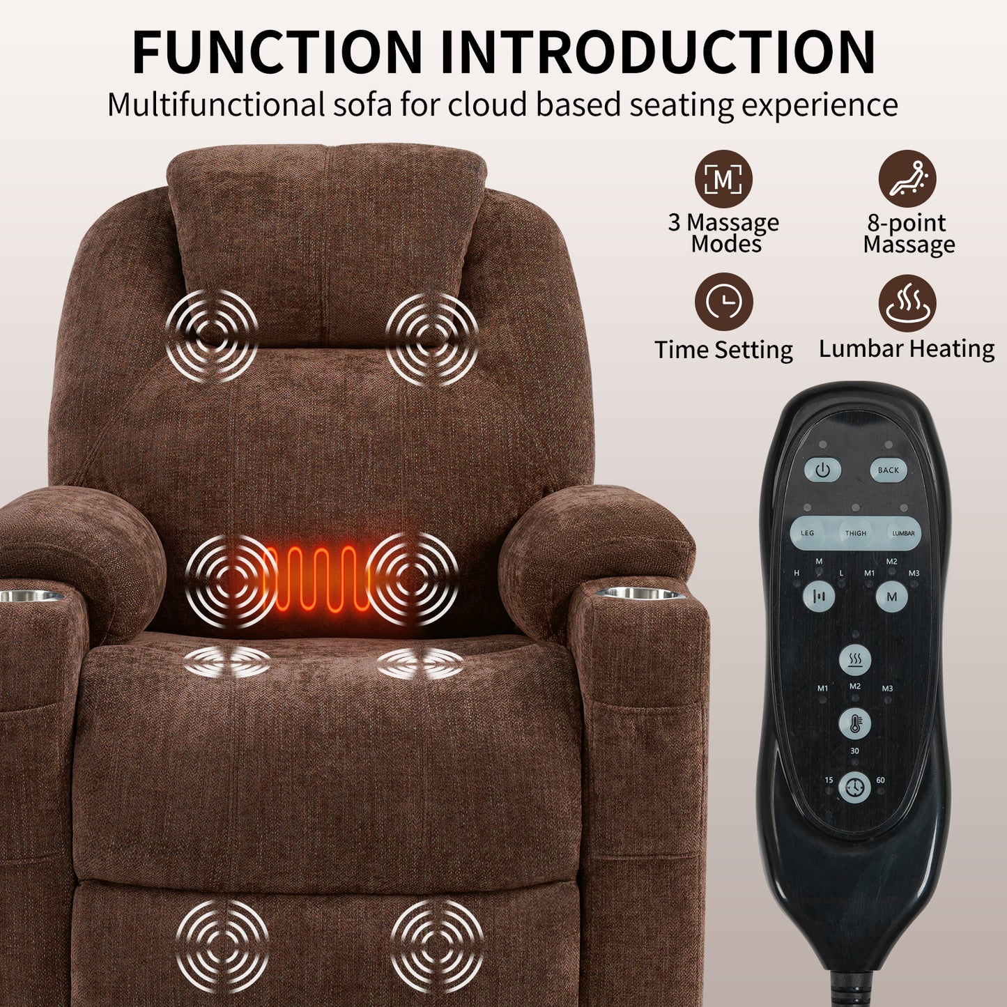 Okin motor Up to 350 LBS Chenille Power Lift Recliner Chair Brown