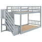 Twin over Twin Floor Bunk Bed, Ladder with Storage  Gray