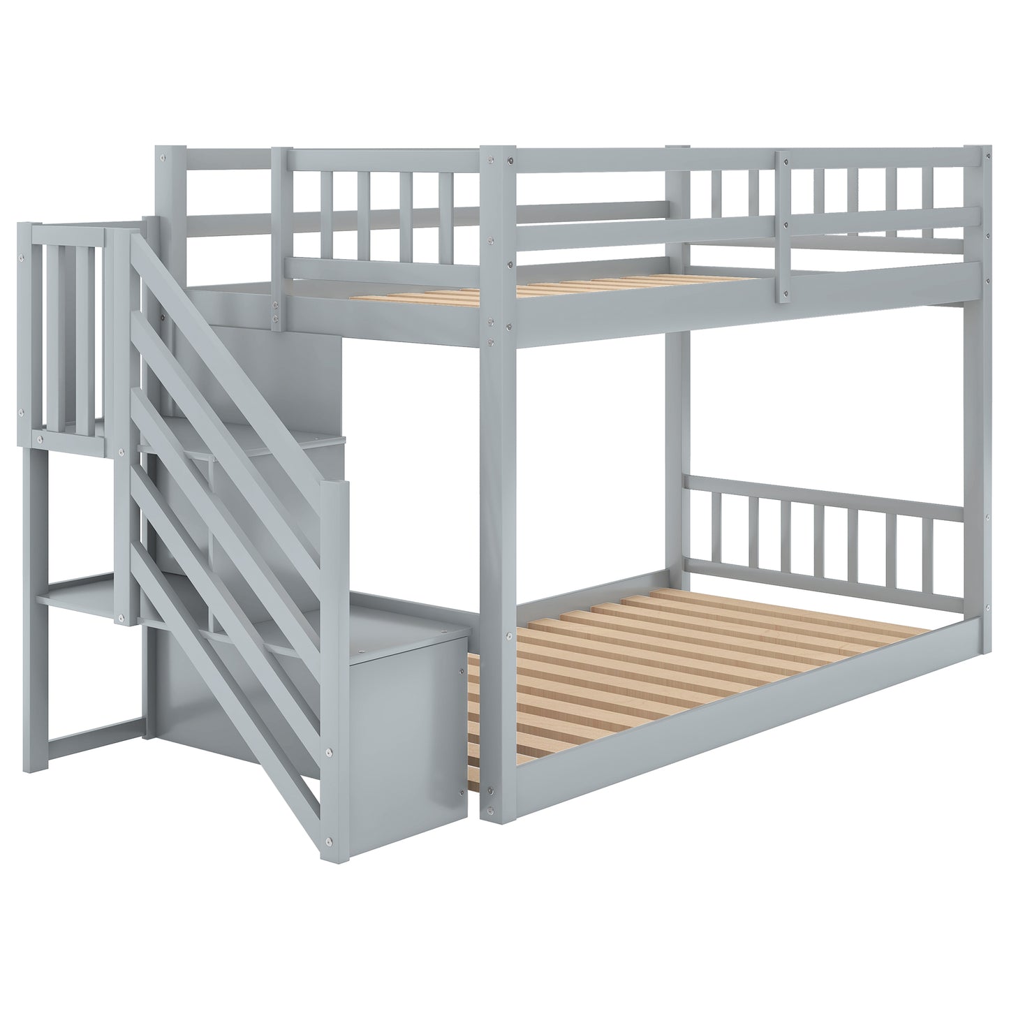 Twin over Twin Floor Bunk Bed, Ladder with Storage  Gray