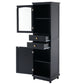 Tall Bathroom Storage Cabinet with Glass Doors, Free-Standing, Two Drawers, and Adjustable Shelves, MDF Board, Painted Black