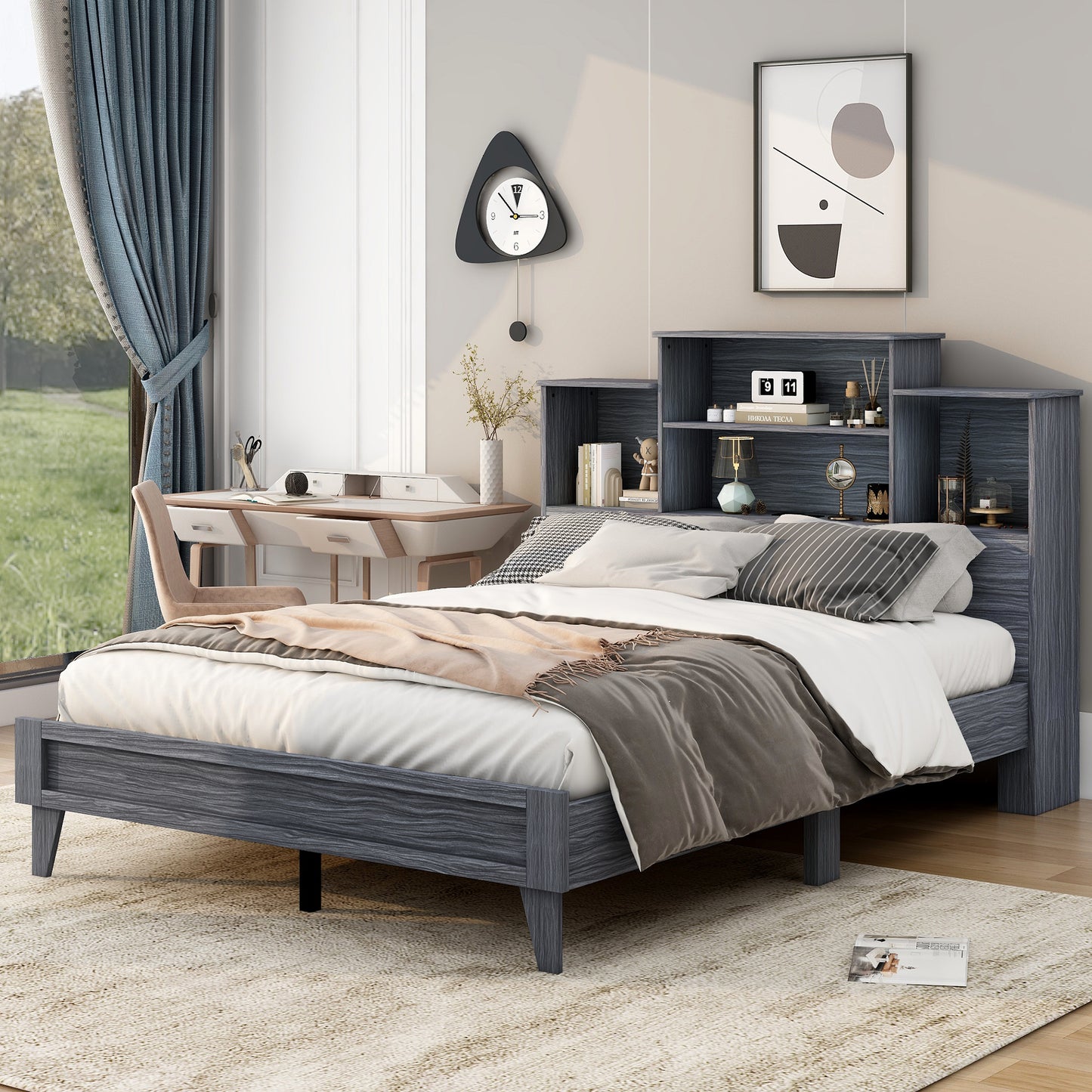 Queen Size Storage Platform Bed Frame with 4 Open Storage Shelves and USB Charging Design Gray