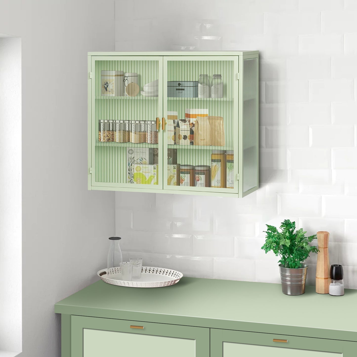 Glass Doors Modern Two-door Wall Cabinet with Featuring Three-tier Storage Mint Green