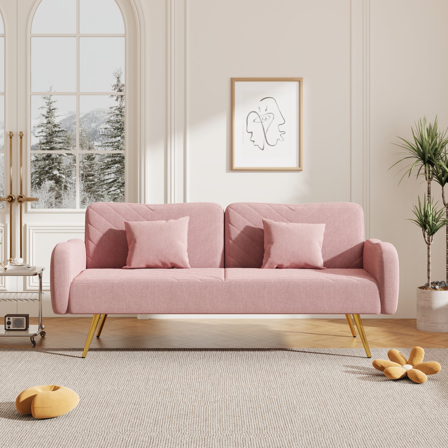 Pink Fabric Double Sofa with Split Backrest and Two Throw Pillows