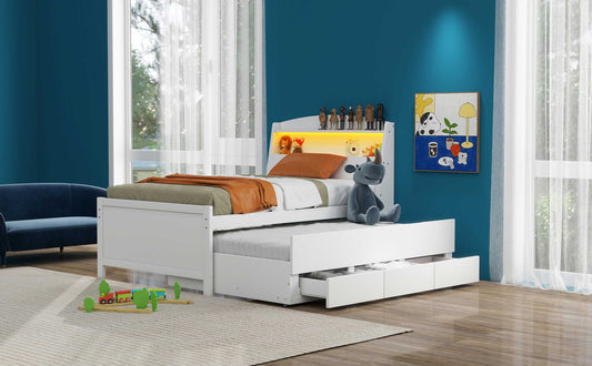 Twin Size Platform Bed with Storage LED Headboard Twin Size Trundle and 3 Drawers White