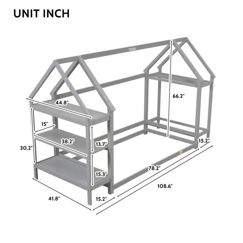 Twin House-Shaped Floor Bed with 2 Detachable Stands Grey