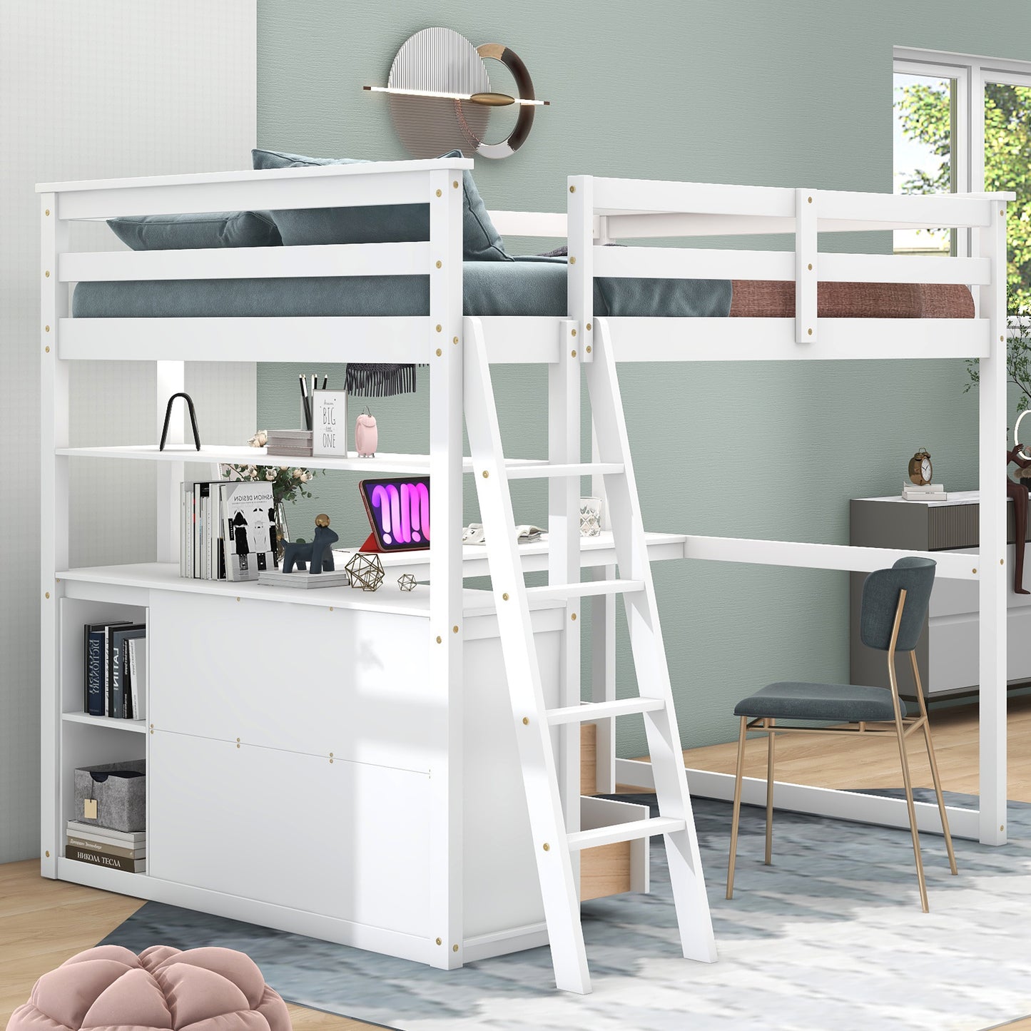 Full Size Loft Bed with Desk and Shelves,Two Built-in Drawers White