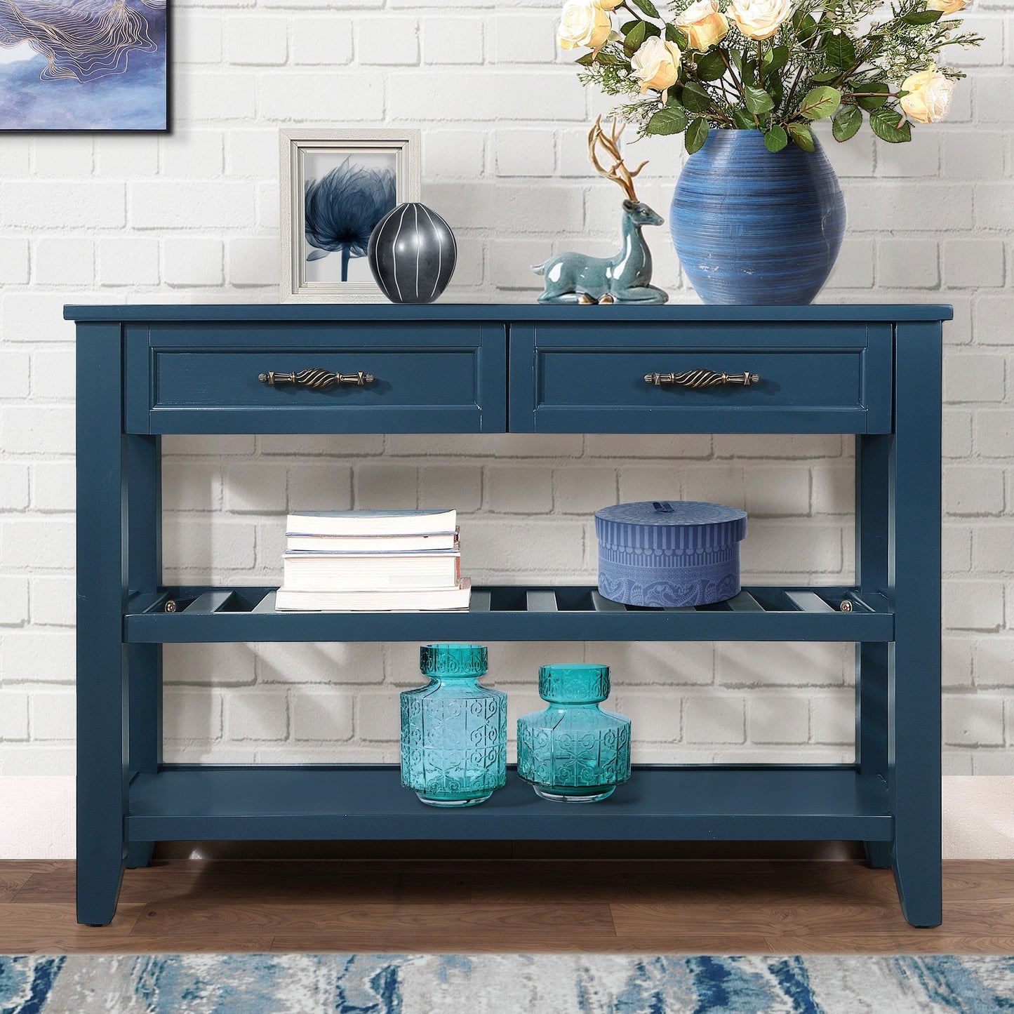 Console Sofa Table with 2 Storage Drawers and 2 Tiers Shelves Mid-Century Style 42'' Solid Wood Buffet Sideboard Navy Blue