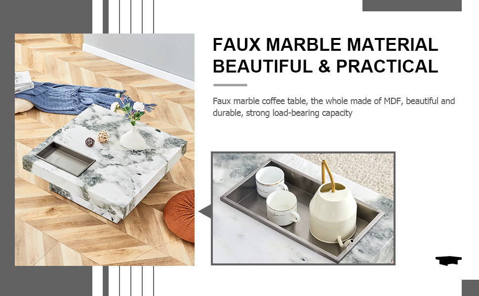 A modern and practical coffee table black and white in imitation marble pattern made of MDF material