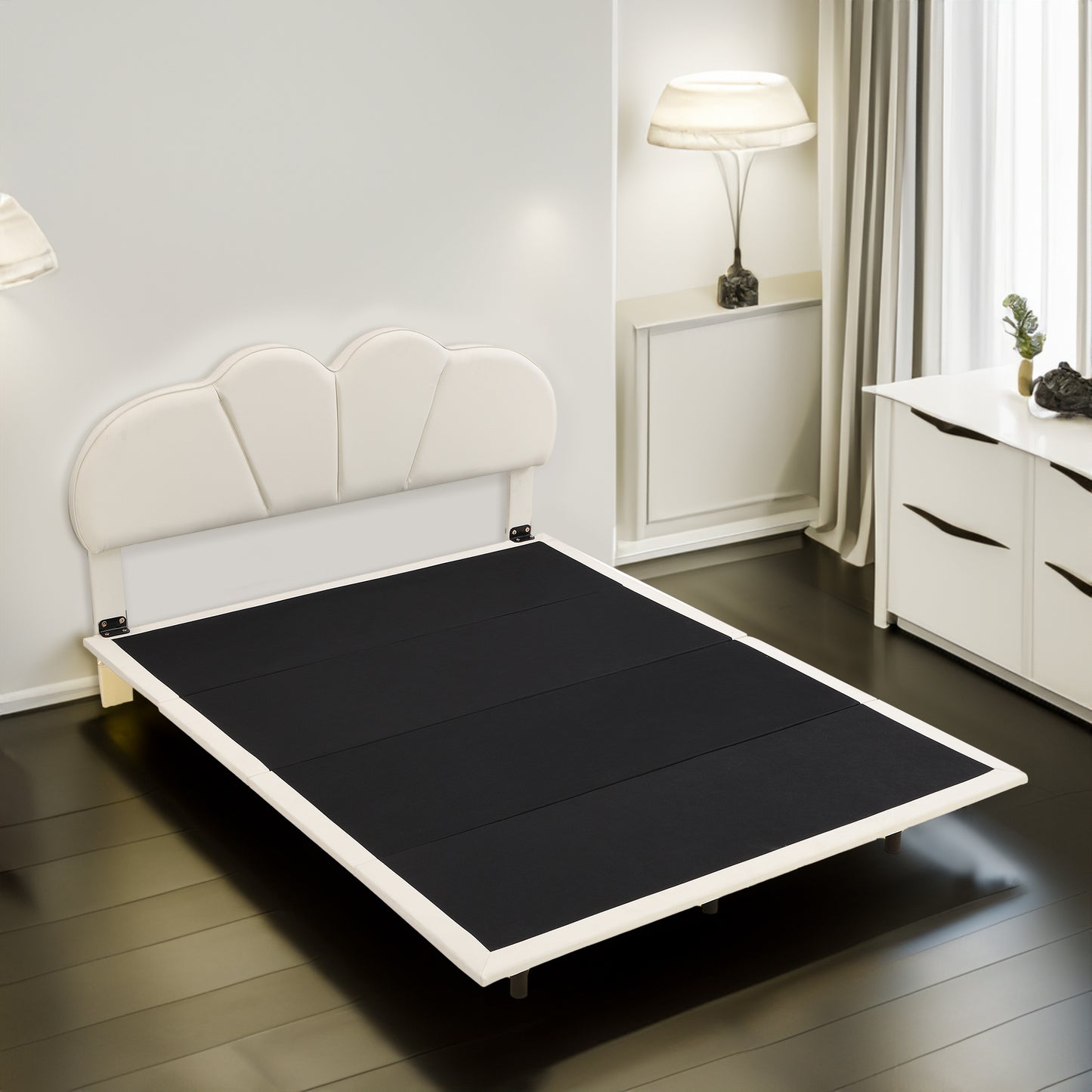 Queen Size Upholstery LED Floating Bed with PU Leather Headboard and Support Legs,Beige