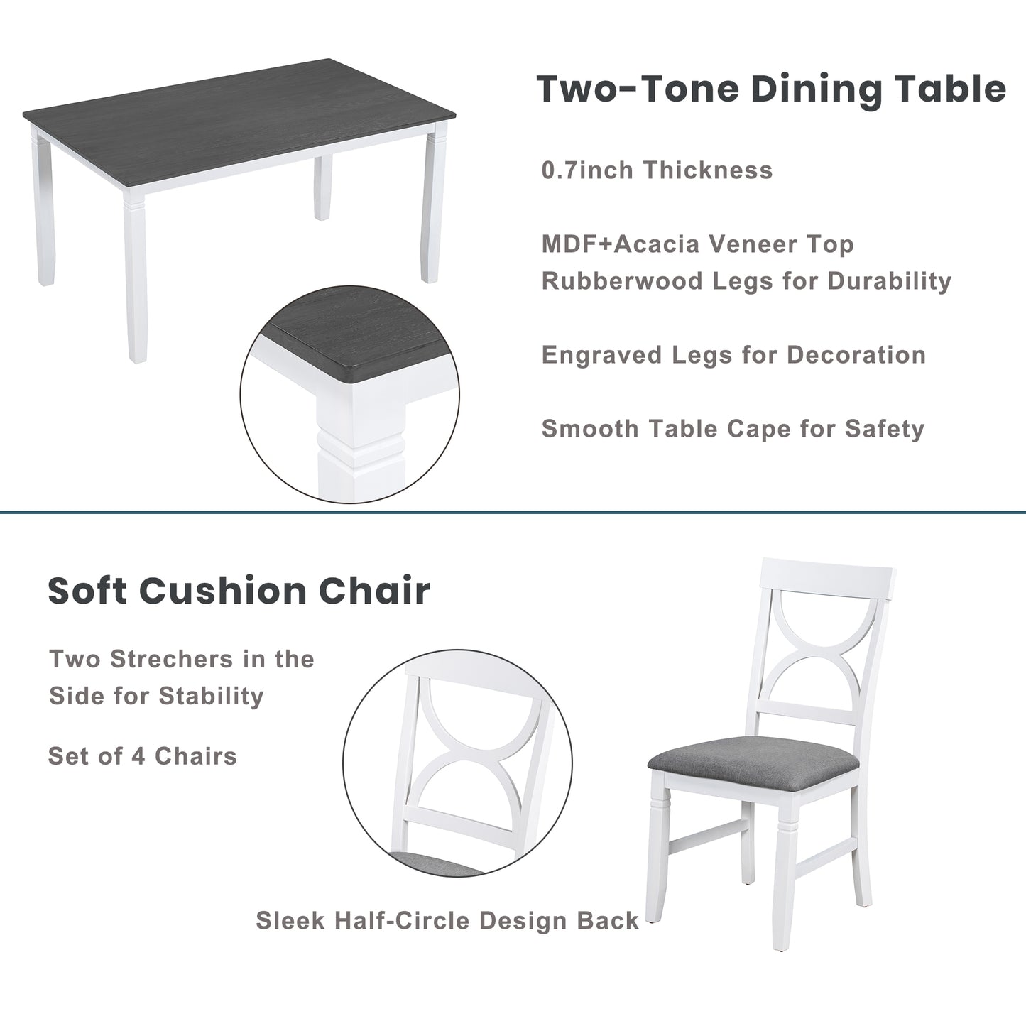 TOPMAX 6-Piece Wood Dining Table Set with Upholstered Bench and 4 Chairs, Farmhouse Style in Gray and White