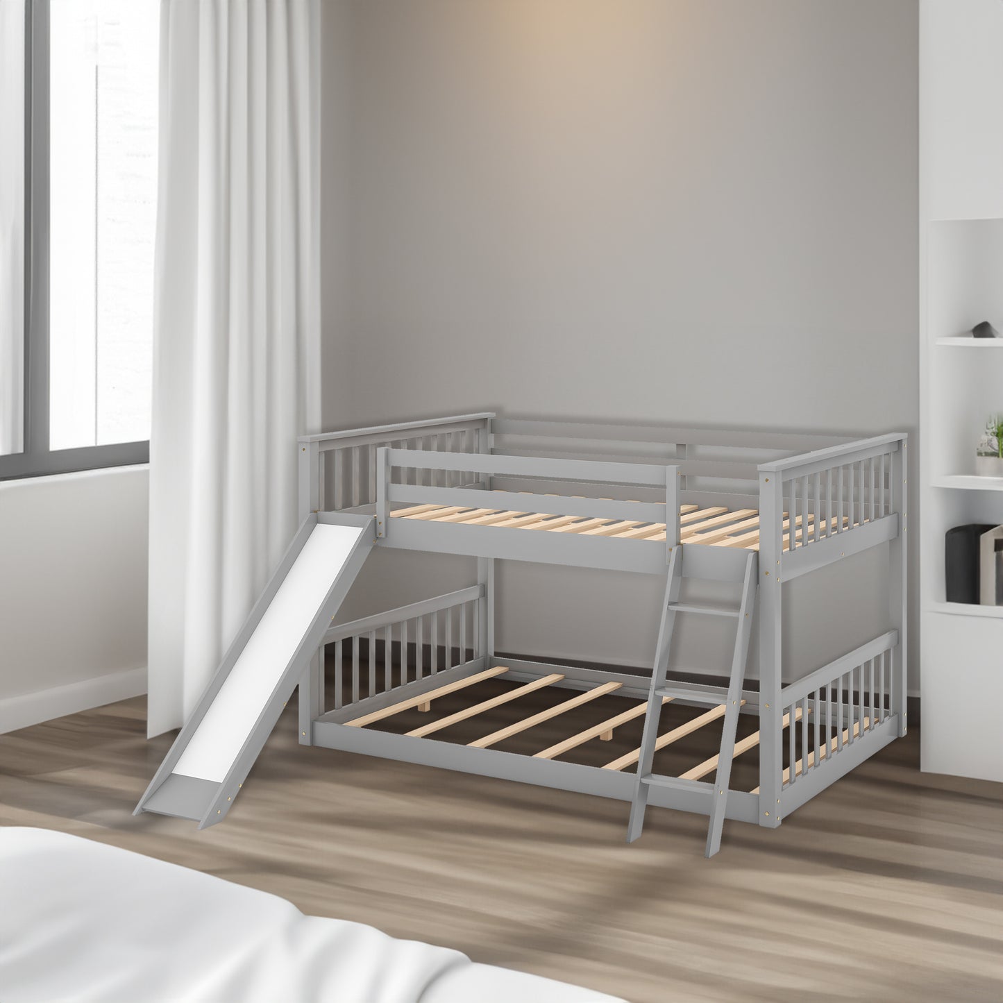 Full over Full Bunk Bed with Convertible Slide and Ladder  Gray