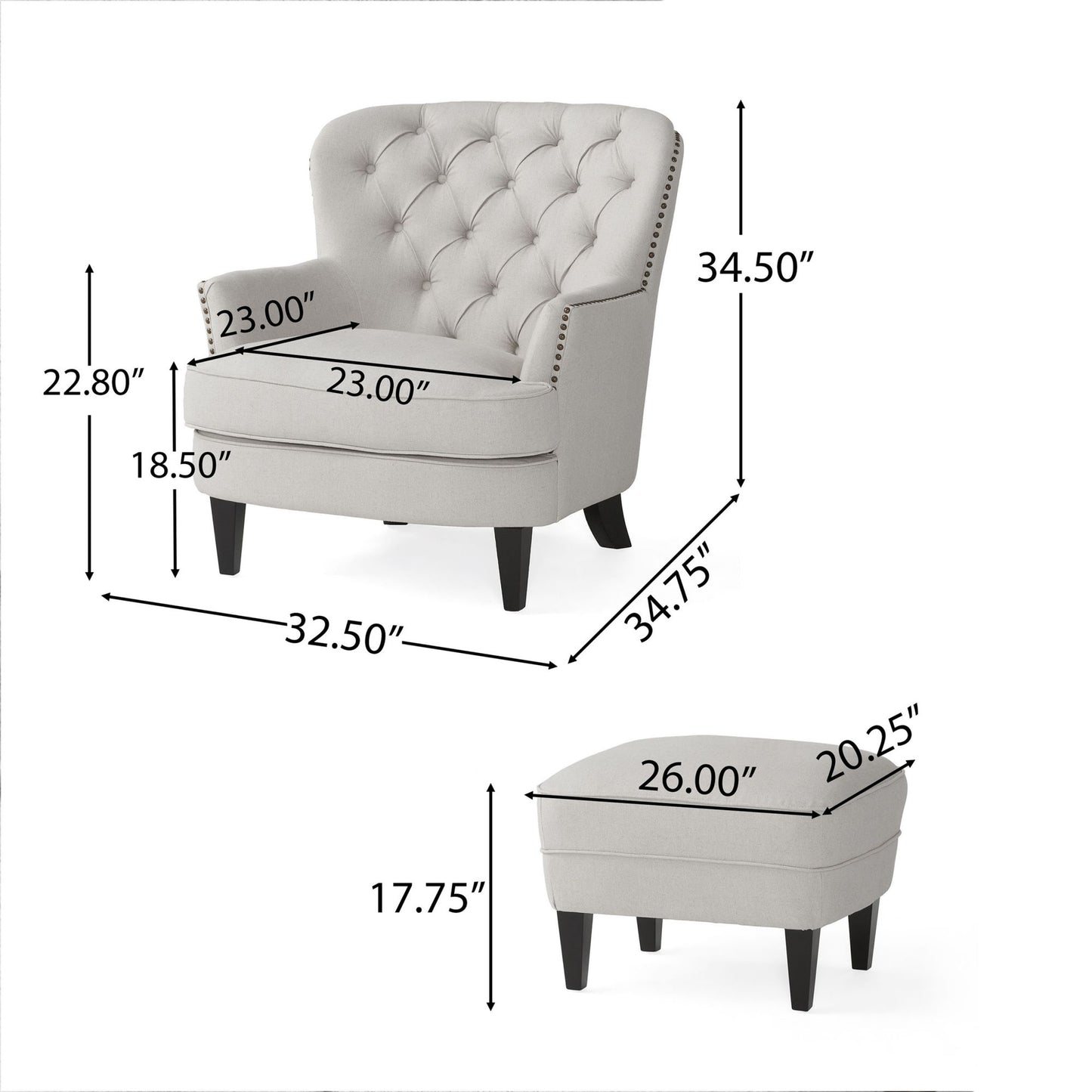 Sillón club moderno de tela gris claro y conjunto de otomana, elegante sillón acolchado para salas de estar