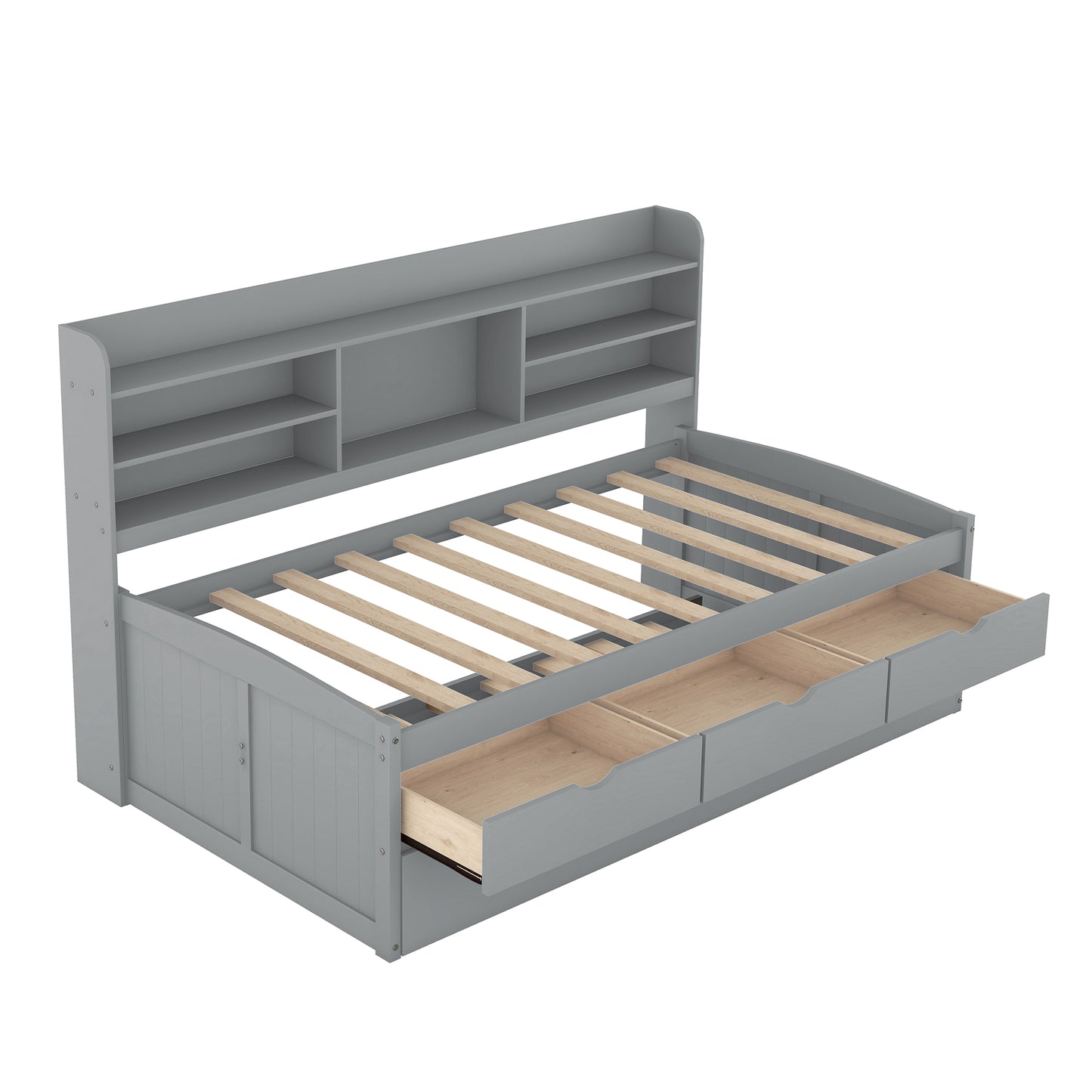 Twin Size Wooden Captain Bed with Built-in Bookshelves,Three Storage Drawers and Trundle Light Grey