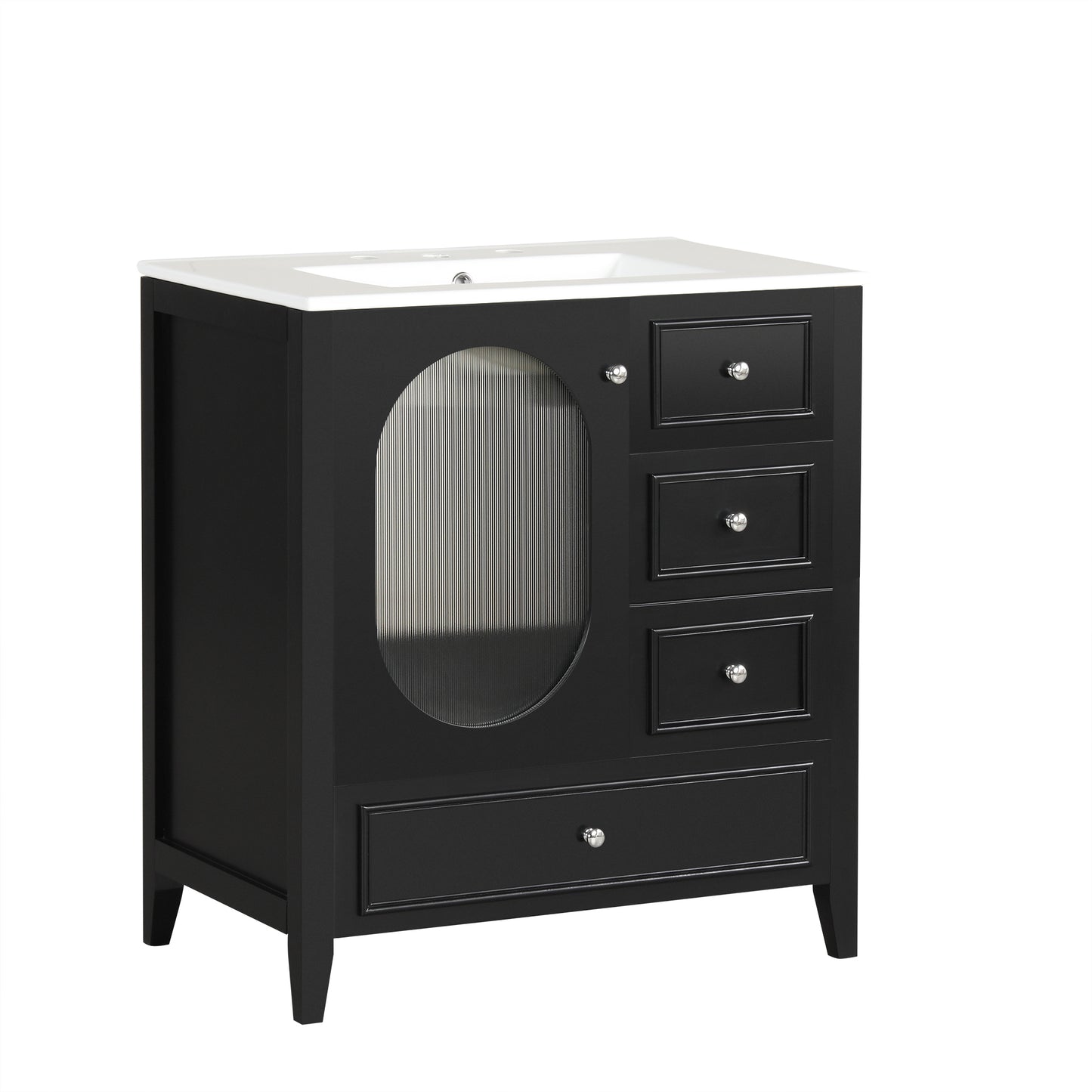 Bathroom Vanity with Sink, Bathroom Vanity Cabinet with Three Drawers and Door, Solid Wood and MDF, Black