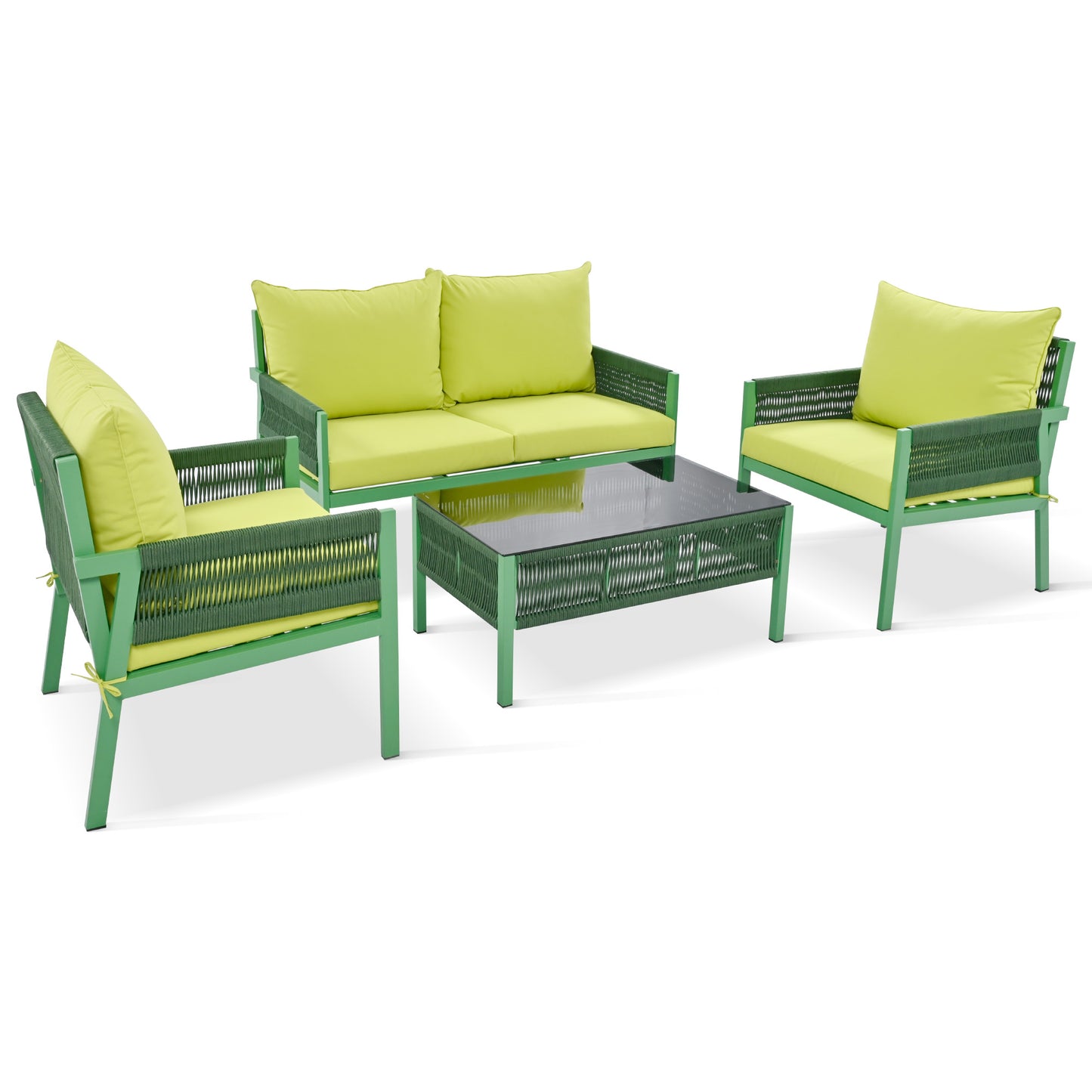 Outdoor Furniture with Tempered Glass Table, Deep Seating with Thick Cushions in Fluorescent Yellow and Green