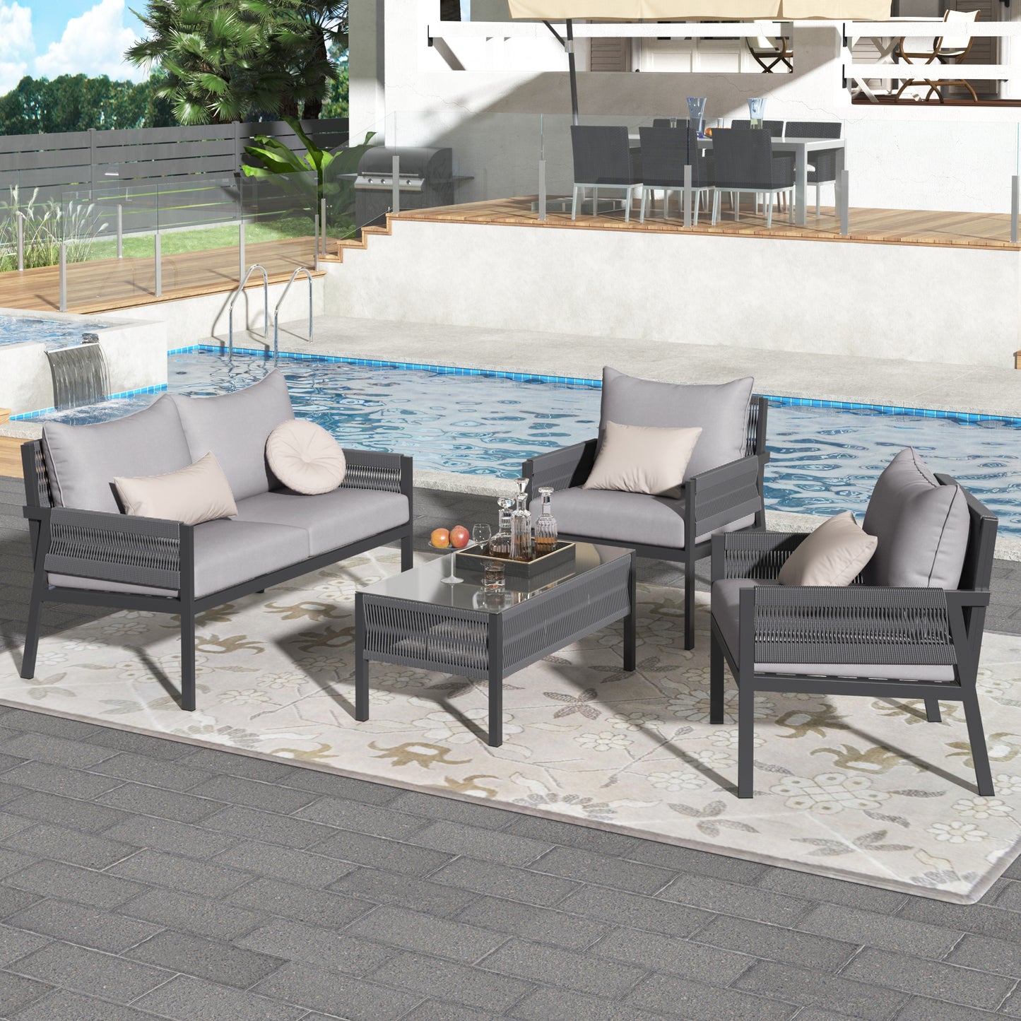 Outdoor Furniture with Tempered Glass Table, Deep Seating with Thick Cushions for Backyards and Porches, Grey