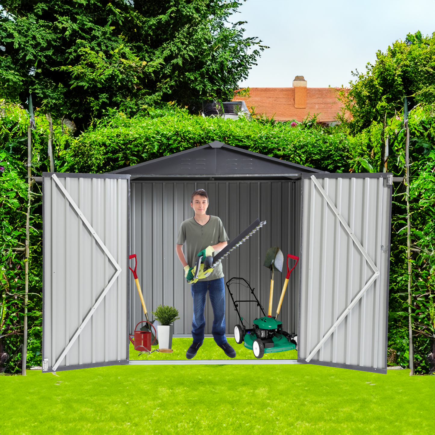 XWT014 Garden Metal Storage Shed Gray White 6x4x6ft outdoor storing tools Rainproof Hinge door version