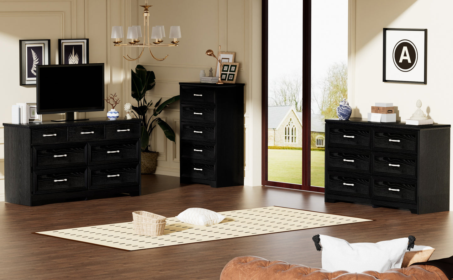 Modern 3-Drawer Bedroom Chest of Drawers, 7-Drawer Dresser with Metal Pulls, Black Finish