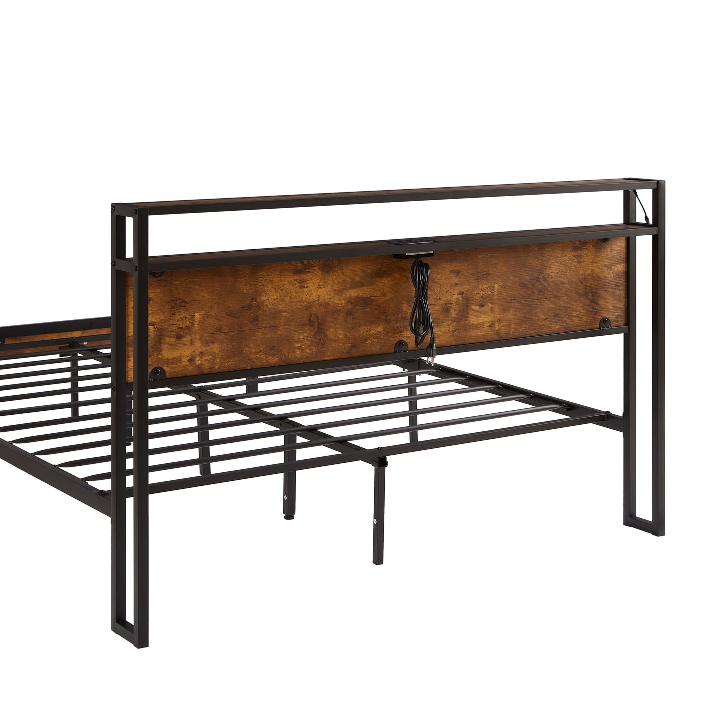 Extra large metal platform bed frame with wooden headboard and footrest, USB LINER, LED lights