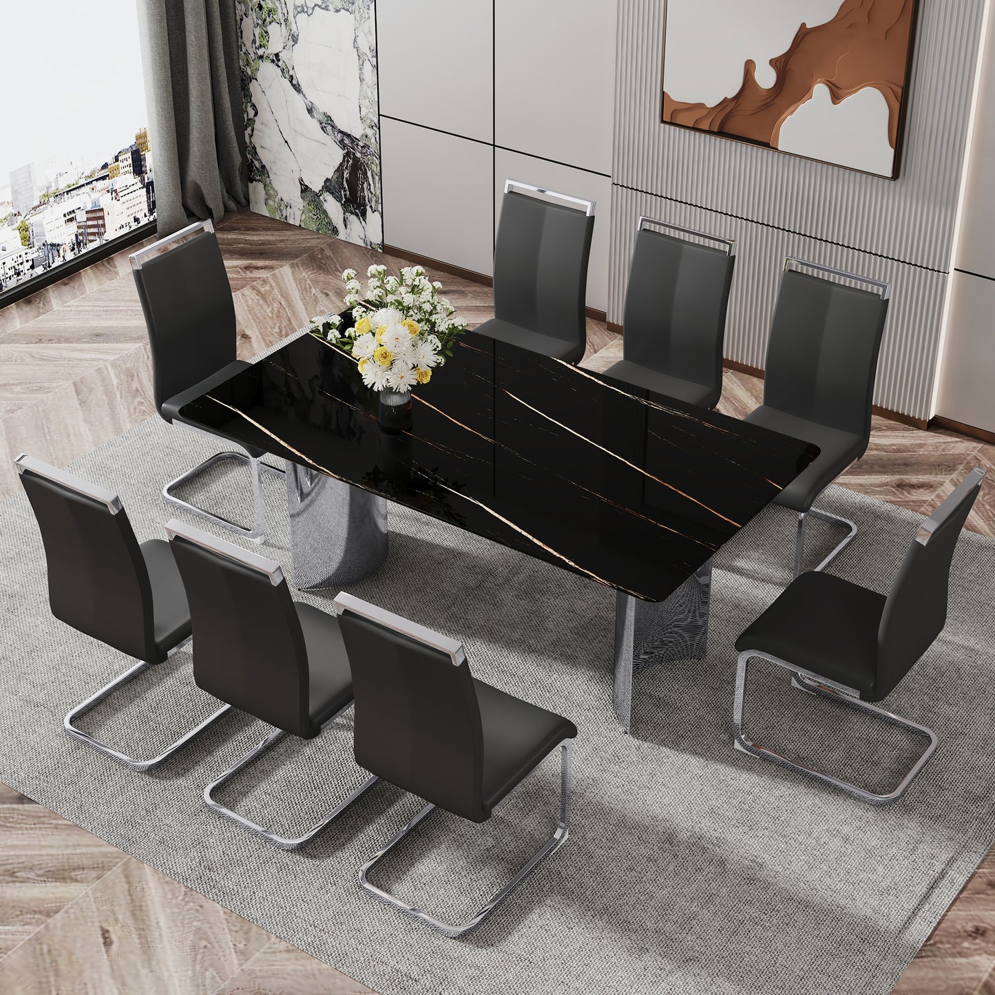 Modern minimalist dining table The black imitation marble glass desktop is equipped with silver metal legs