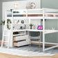 Full Size Loft Bed with Desk and Shelves,Two Built-in Drawers White