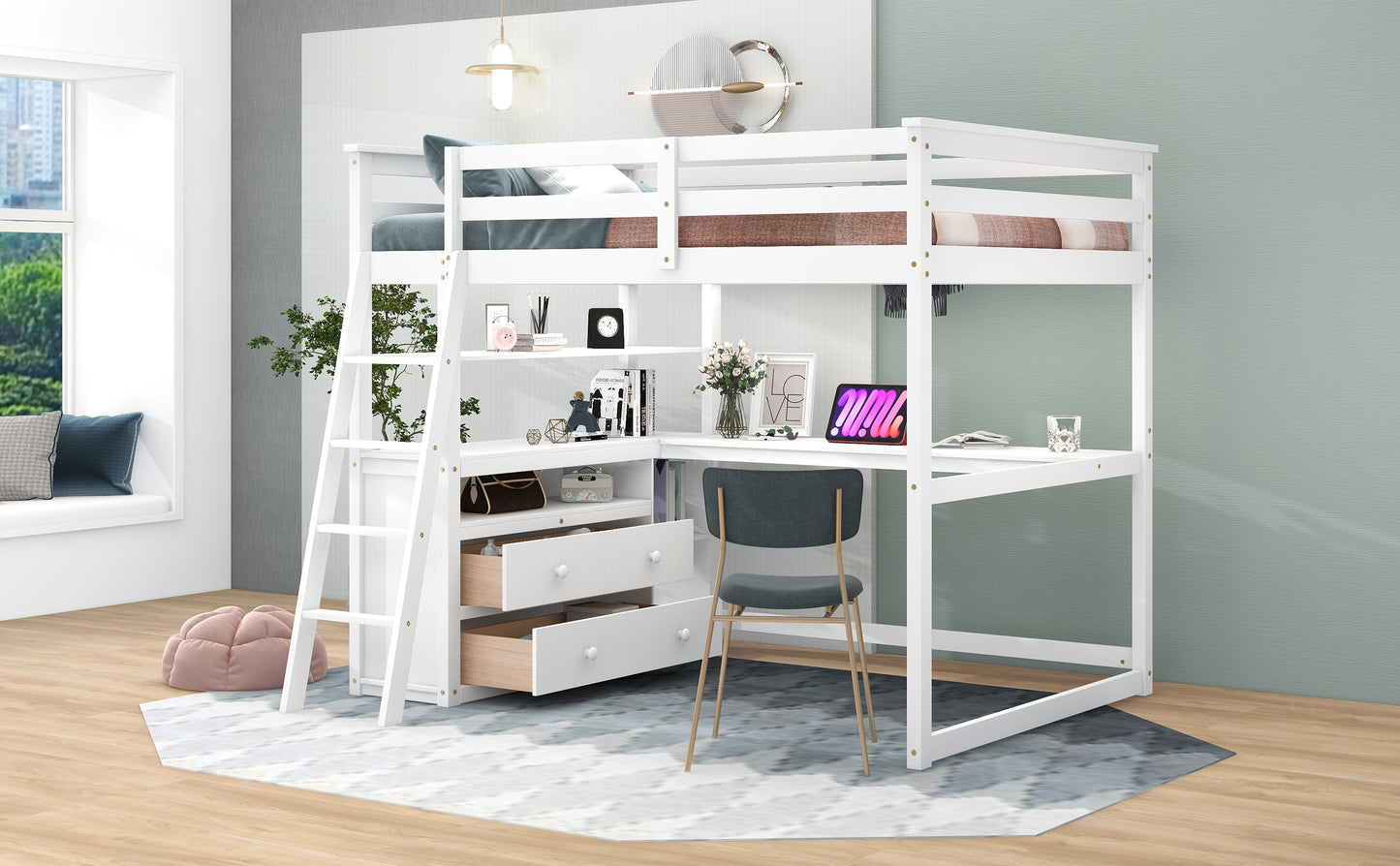 Full Size Loft Bed with Desk and Shelves,Two Built-in Drawers White