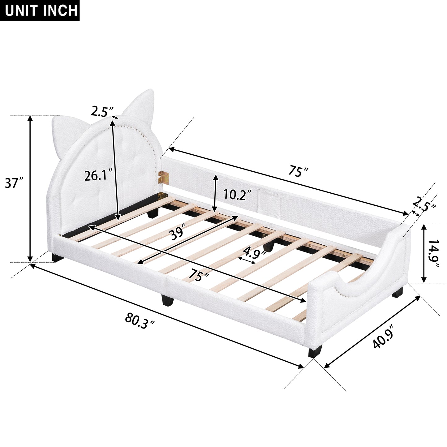 Teddy Fleece Twin Size Upholstered Daybed with Carton Ears Shaped Headboard  White