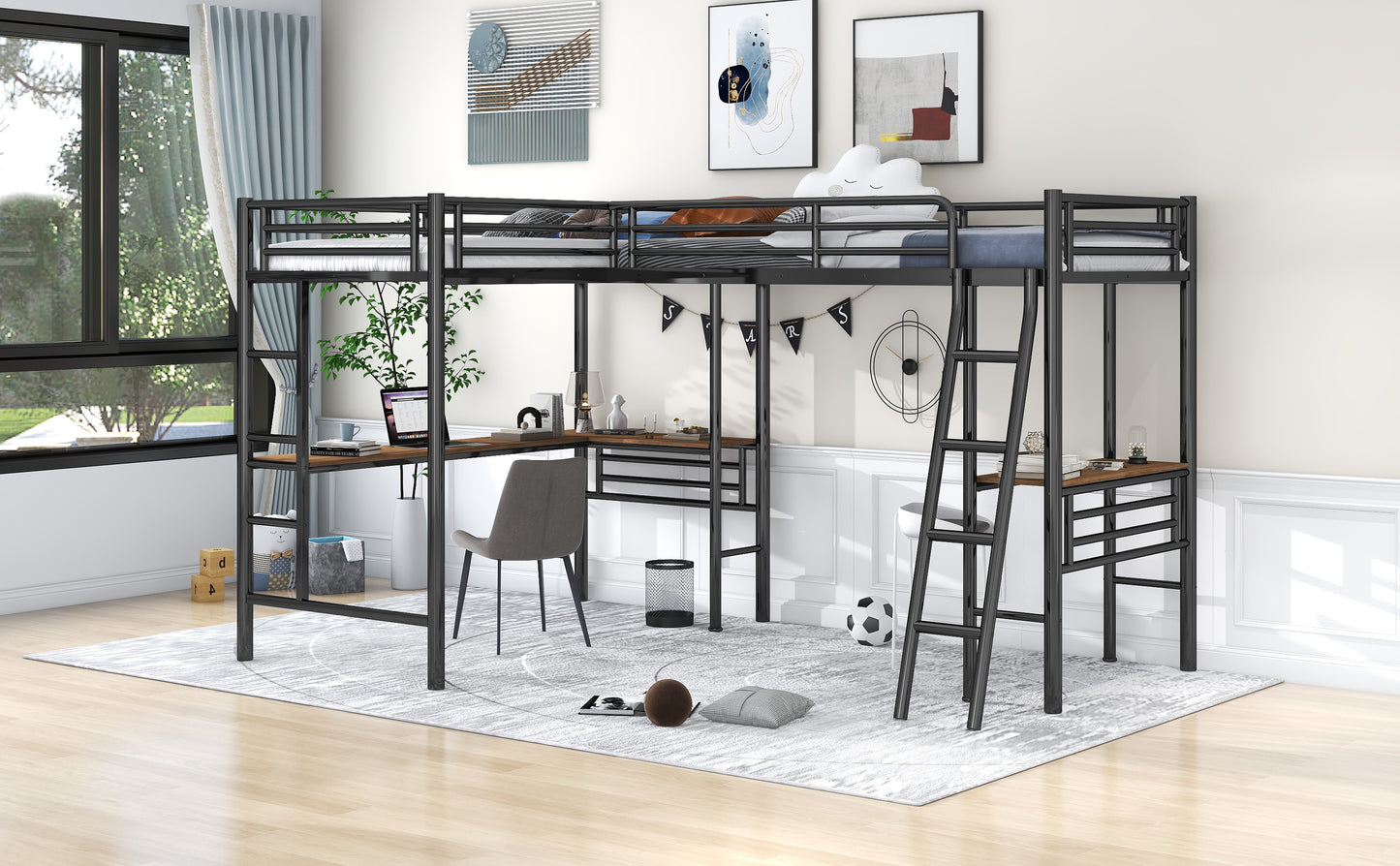 Twin Size Metal Loft Bed with Two Built-in Desks Black