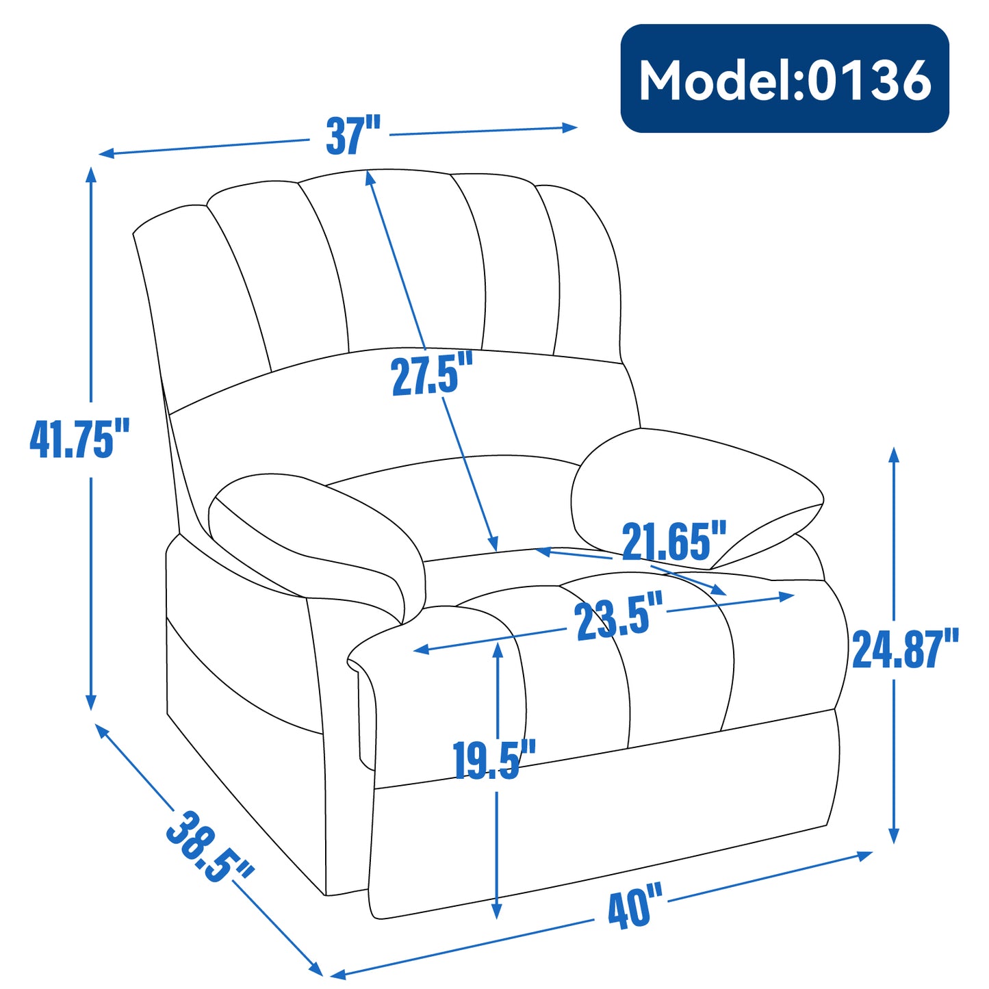 Sillón reclinable manual grande en tela, diseño cómodo para salas de estar, color gris