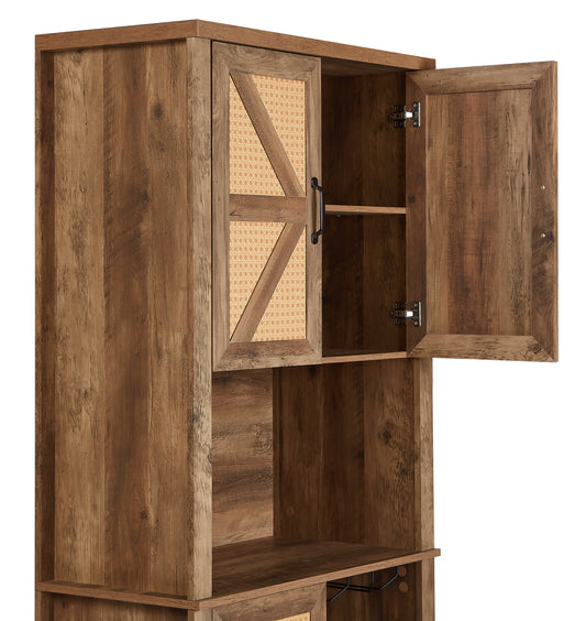 76-Inch Tall Rustic Oak Farmhouse Kitchen Faux Rattan Wine Cabinet with Square Compartments and Shelves