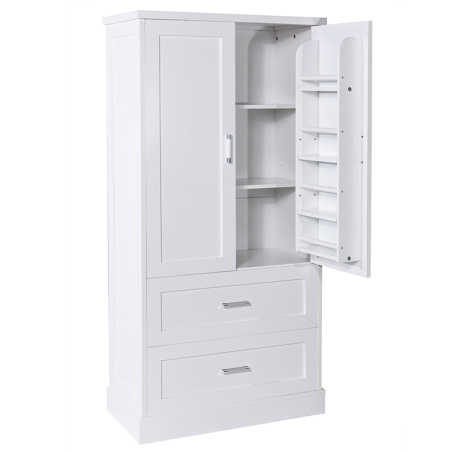 Tall Bathroom Storage Cabinet with Two Doors and Drawers, Adjustable Shelf, MDF Board, White Finish