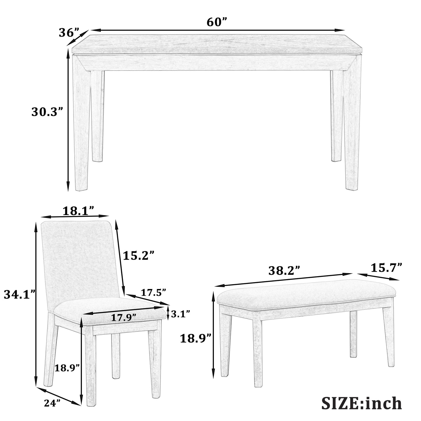 Juego de mesa de comedor TOPMAX de 6 piezas con sillas y banco tapizados, patas cónicas estilo rústico, gris oscuro y beige