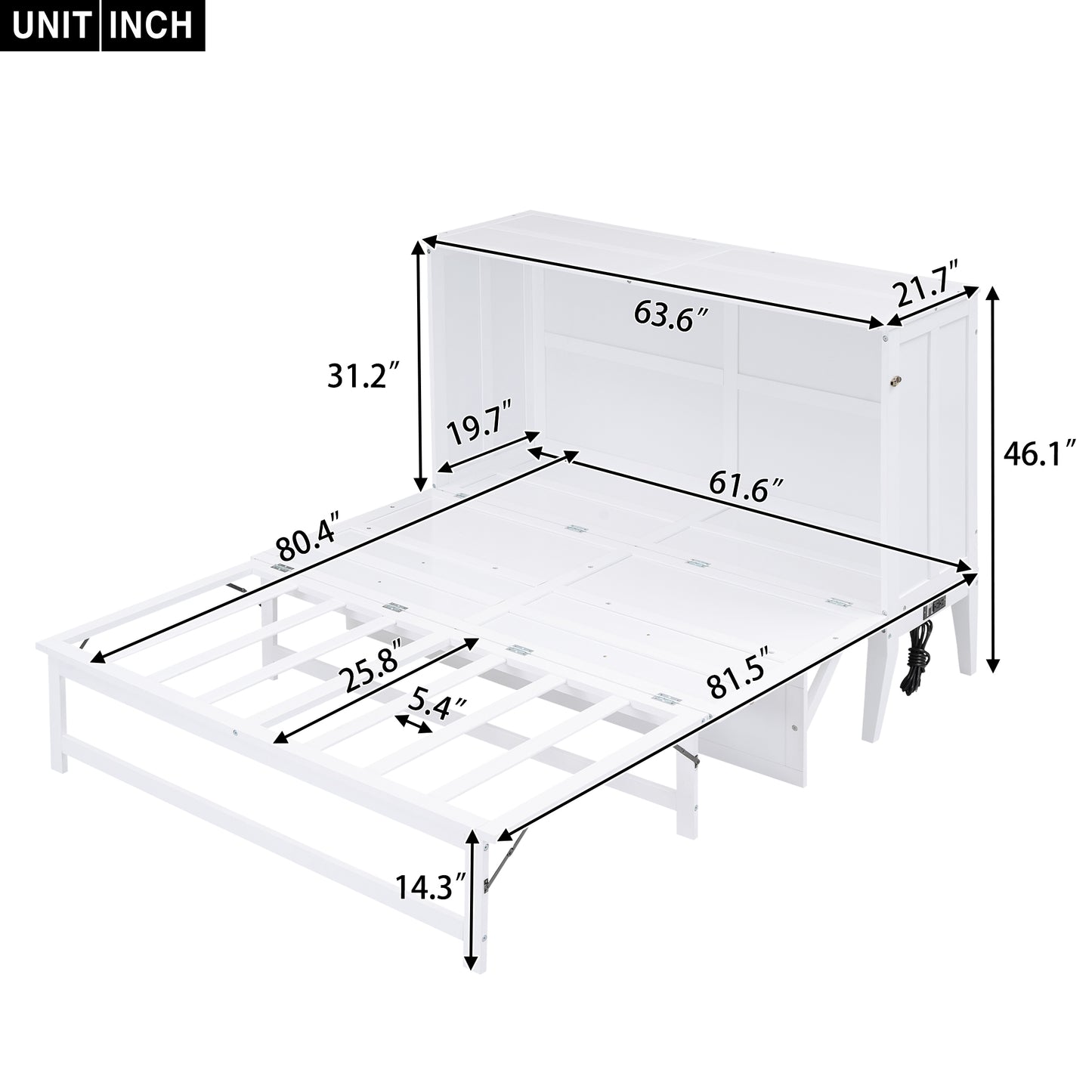 Queen Size Murphy Bed with Built-In Charging Station and a Shelf  White