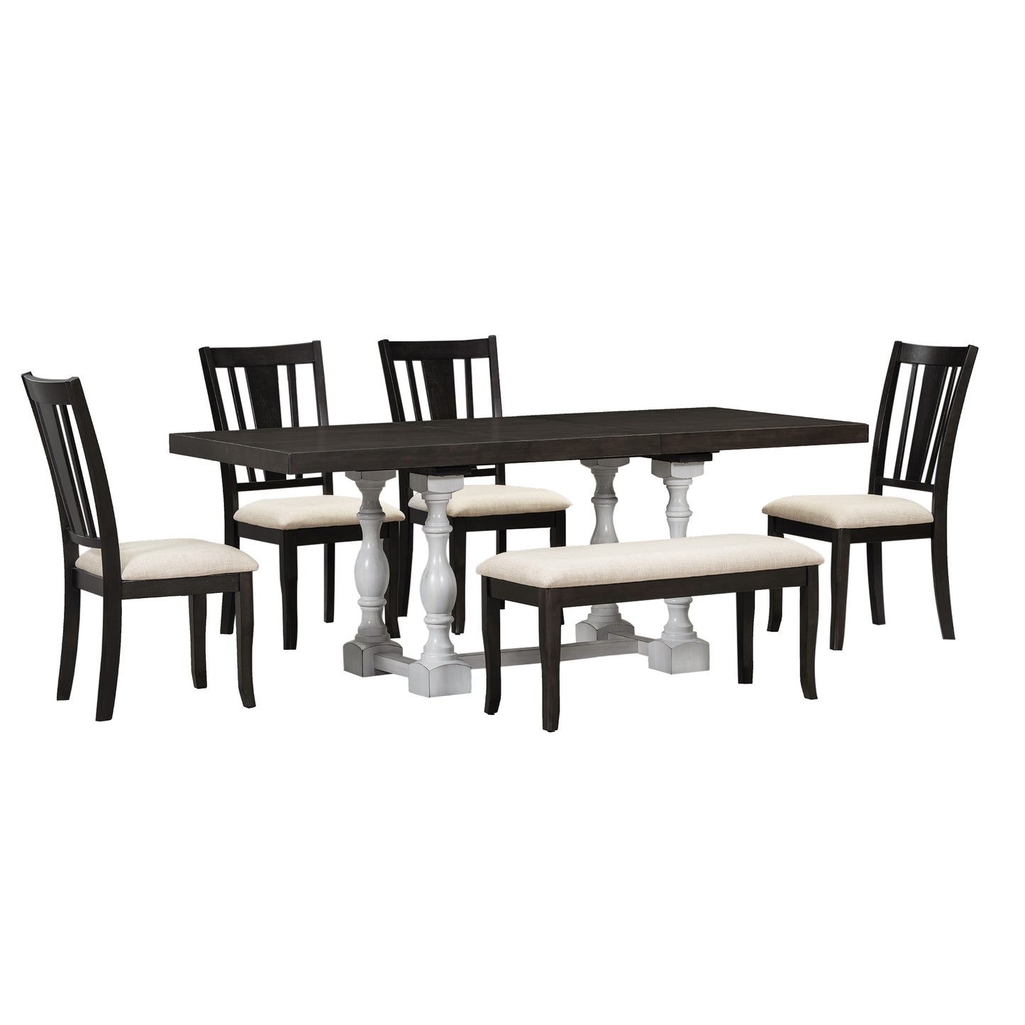 Juego de mesa de comedor extensible tradicional de 6 piezas con caballete, hojas extraíbles, sillas acolchadas y banco, color blanco envejecido