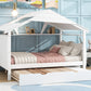 Wood Full Size House Bed with Twin Size Trundle and Storage  White