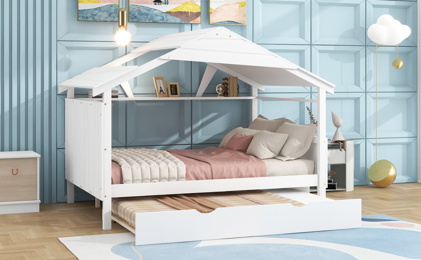 Wood Full Size House Bed with Twin Size Trundle and Storage  White