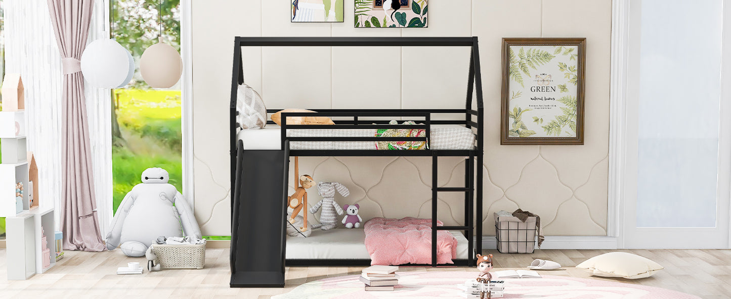 Twin over Twin House Bunk Bed with Ladder and Slide,Black