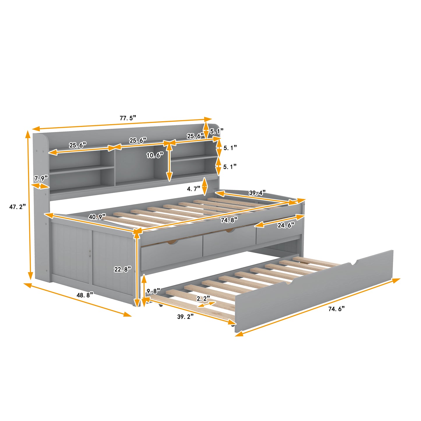 Twin Size Wooden Captain Bed with Built-in Bookshelves,Three Storage Drawers and Trundle Light Grey