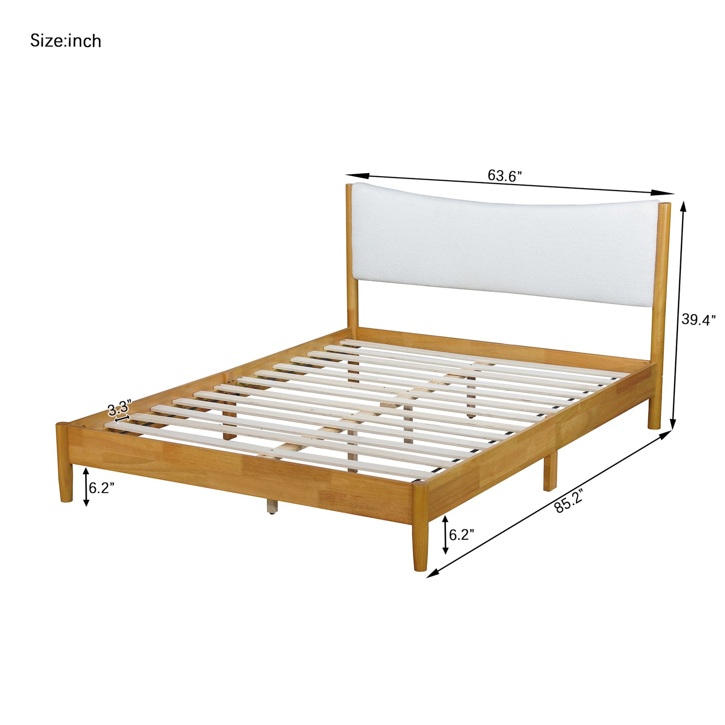 Queen Size Rubber Wooden , Solid Wooden Bed with Teddy Velvet Cushion Upholstered Headboard, Enhanced by Support Feet