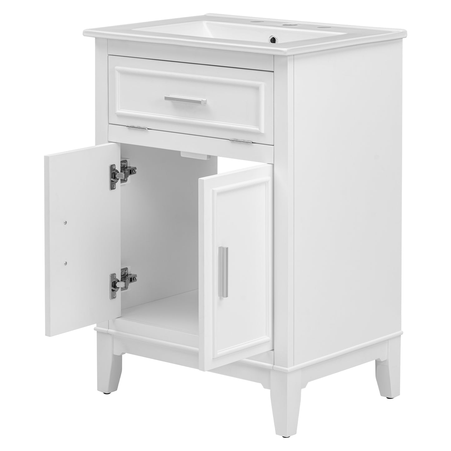 24" Bathroom Vanity with Sink, Solid Wood and MDF Cabinet with One Flip Drawer and Doors, White