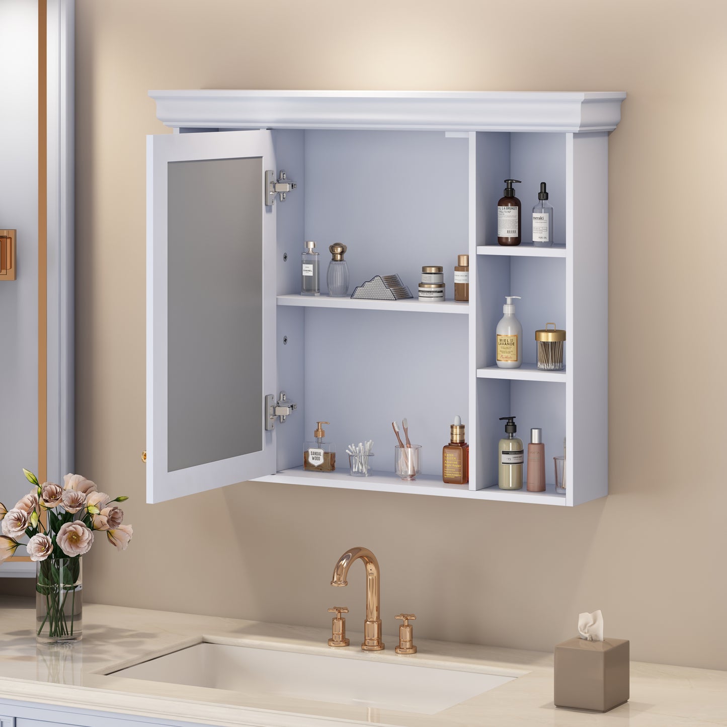 35'' x 28'' Blue Wall Mounted Bathroom Storage Cabinet with Mirror Door, Modern Bathroom Wall Cabinet with Mirror