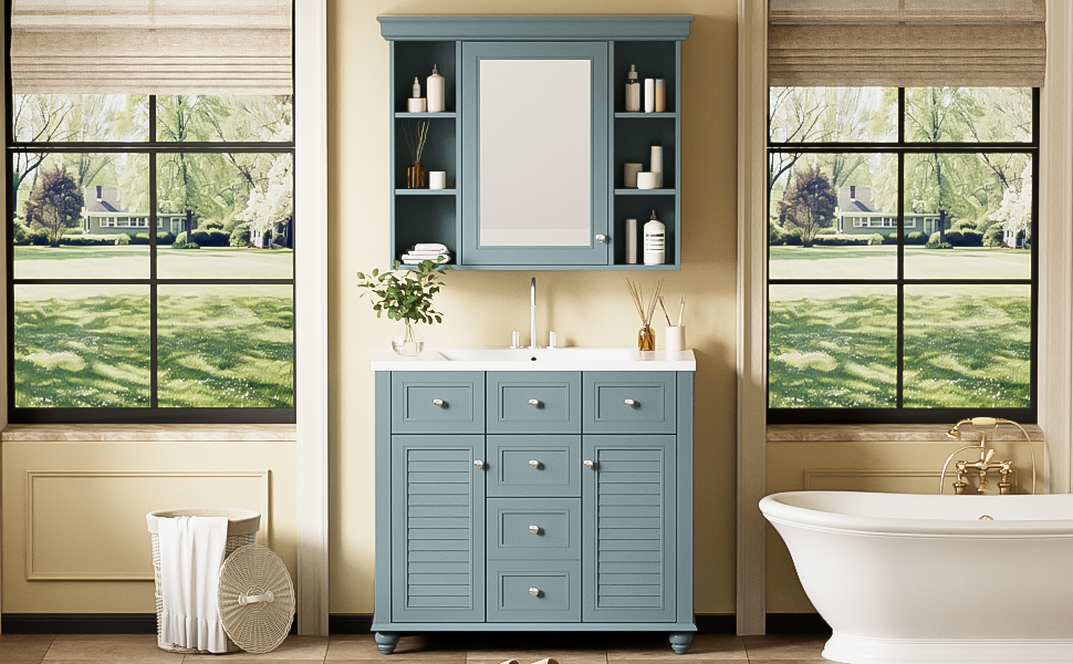 36" Modern Mirror Cabinet with Adjustable Shelves, 2 Soft-Closing Doors, and 6 Drawer Organizers