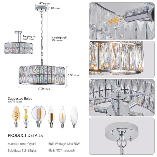 Modern crystal drum pendant light, 6-light pendant light, with silver metal frame (excluding light bulb)