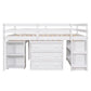 Low Study Full Loft Bed with Cabinet Shelves and Rolling Portable Desk Multiple Functions Bed- White