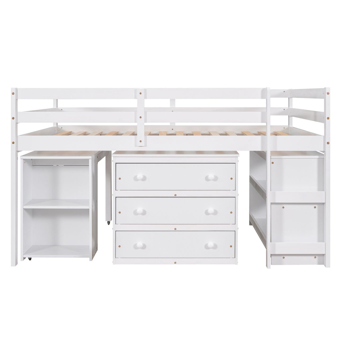 Low Study Full Loft Bed with Cabinet Shelves and Rolling Portable Desk Multiple Functions Bed- White