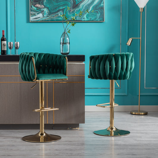 Set of 2 Bar Stools with Chrome Footrest and Swivel Base, Velvet Upholstery and Golden Legs, Green Finish