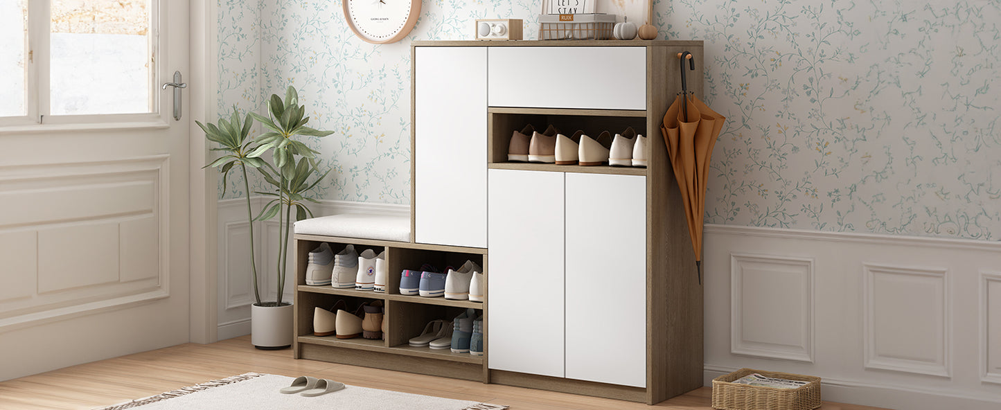 ON-TRANS 2-in-1 Shoe Storage Platform and Cabinet with Soft Cushioned Seats and Adjustable Shelves, White