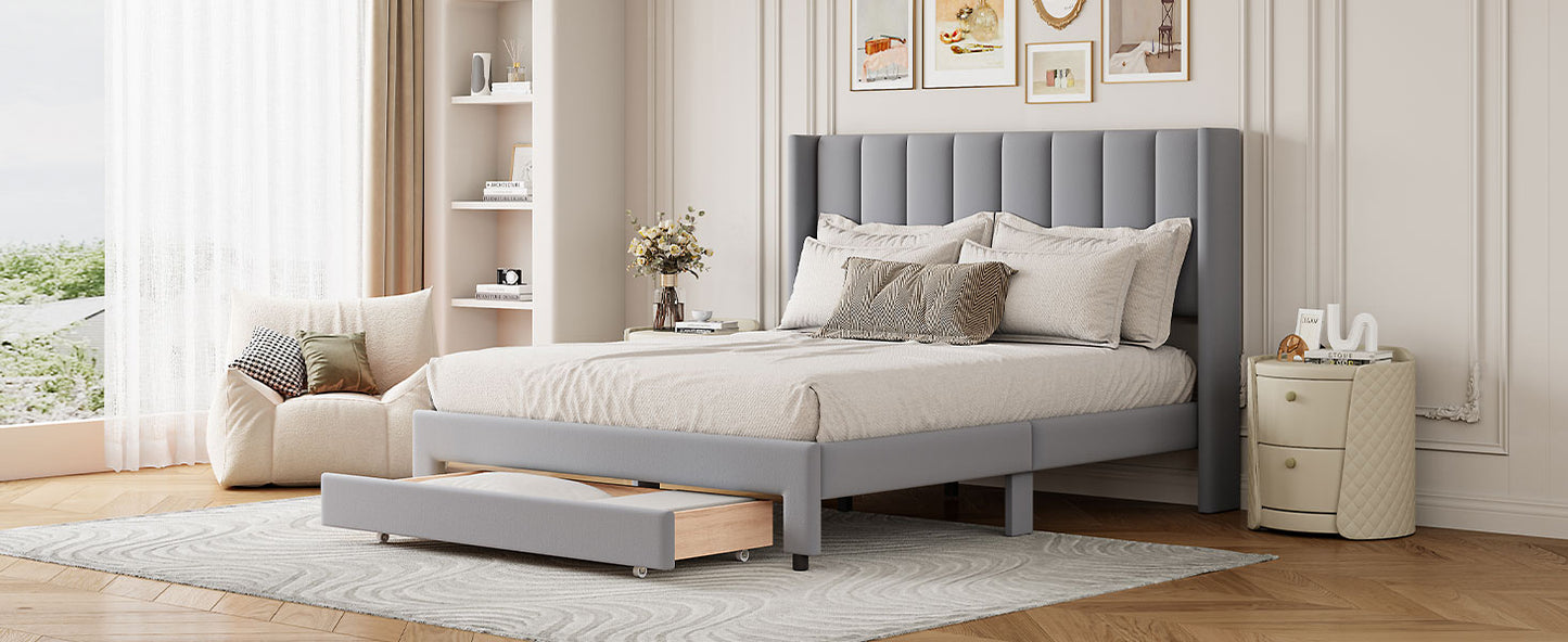 Full Size Storage Bed Velvet Upholstered Platform Bed with a Big Drawer - Gray